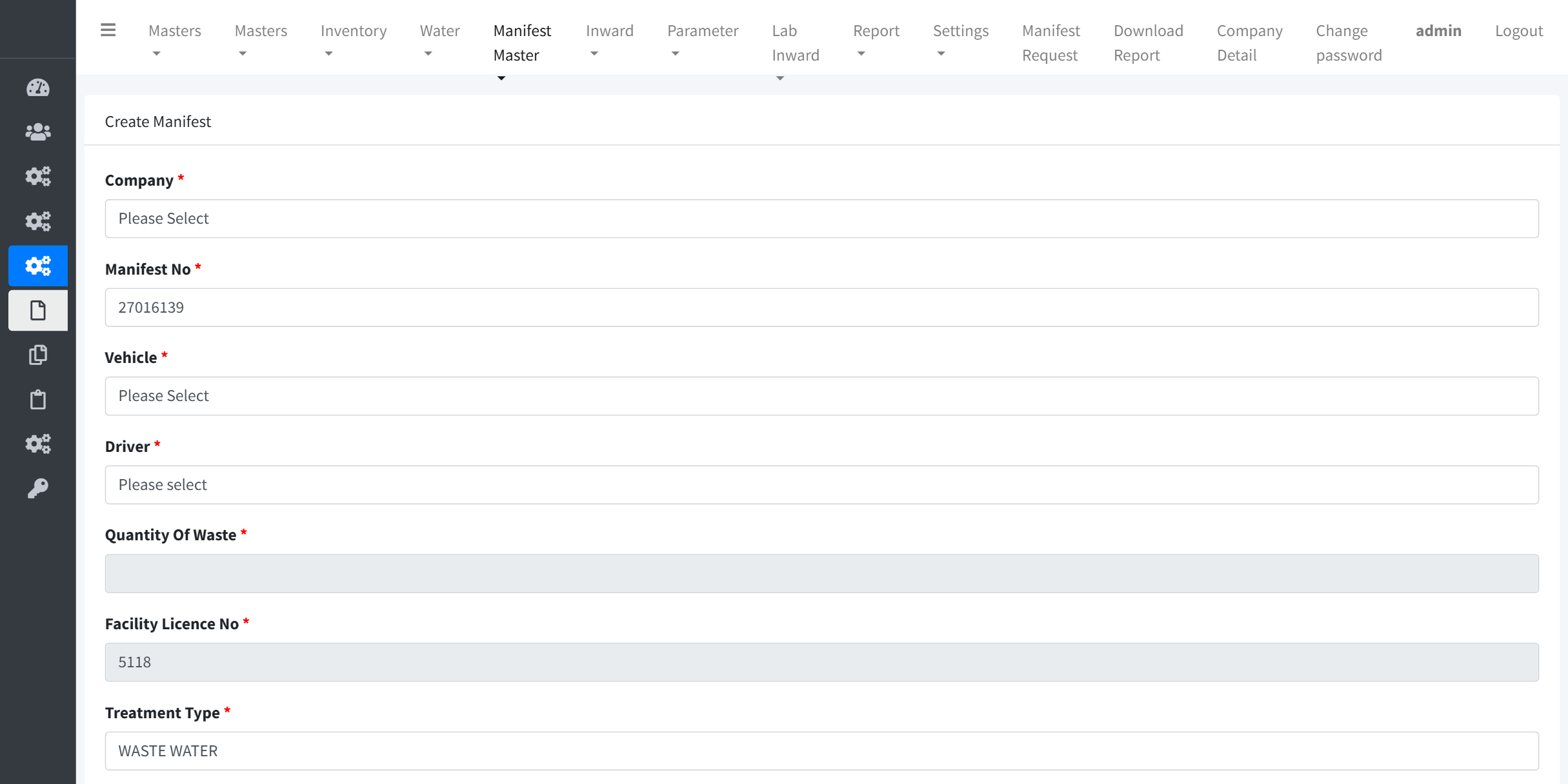 Manifest creation screen capturing member unit, manifest number, vehicle, driver, quantity of waste, facility licence number and treatment type