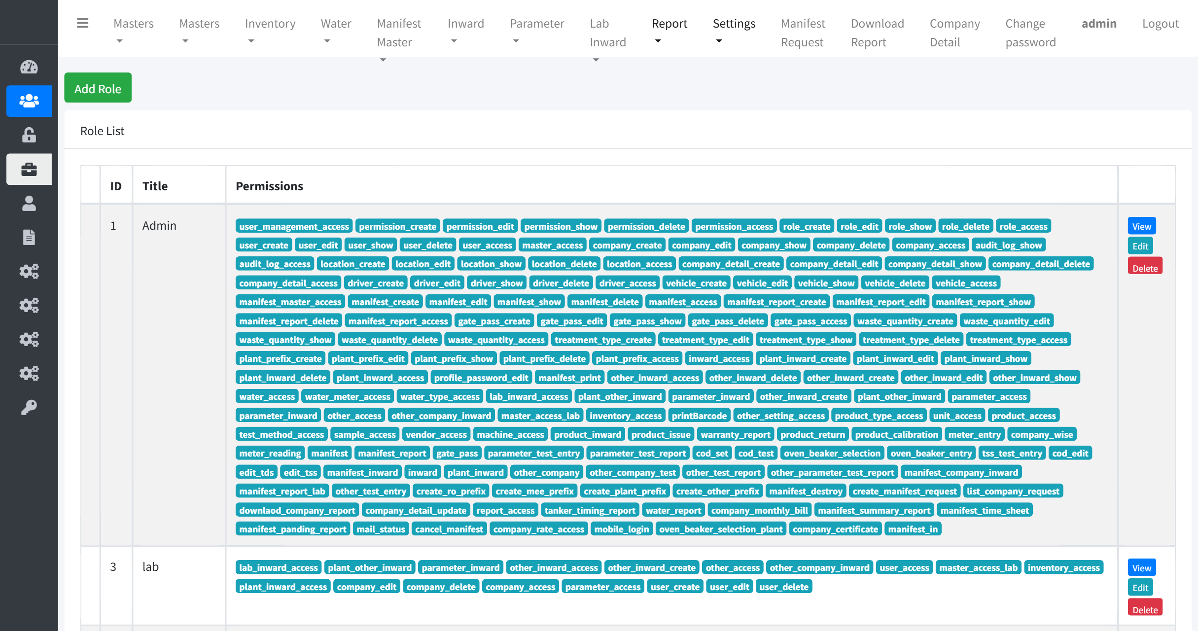 Roles screen showing plant, laboratory, operations, member company and administrator roles each built from a list of named permissions