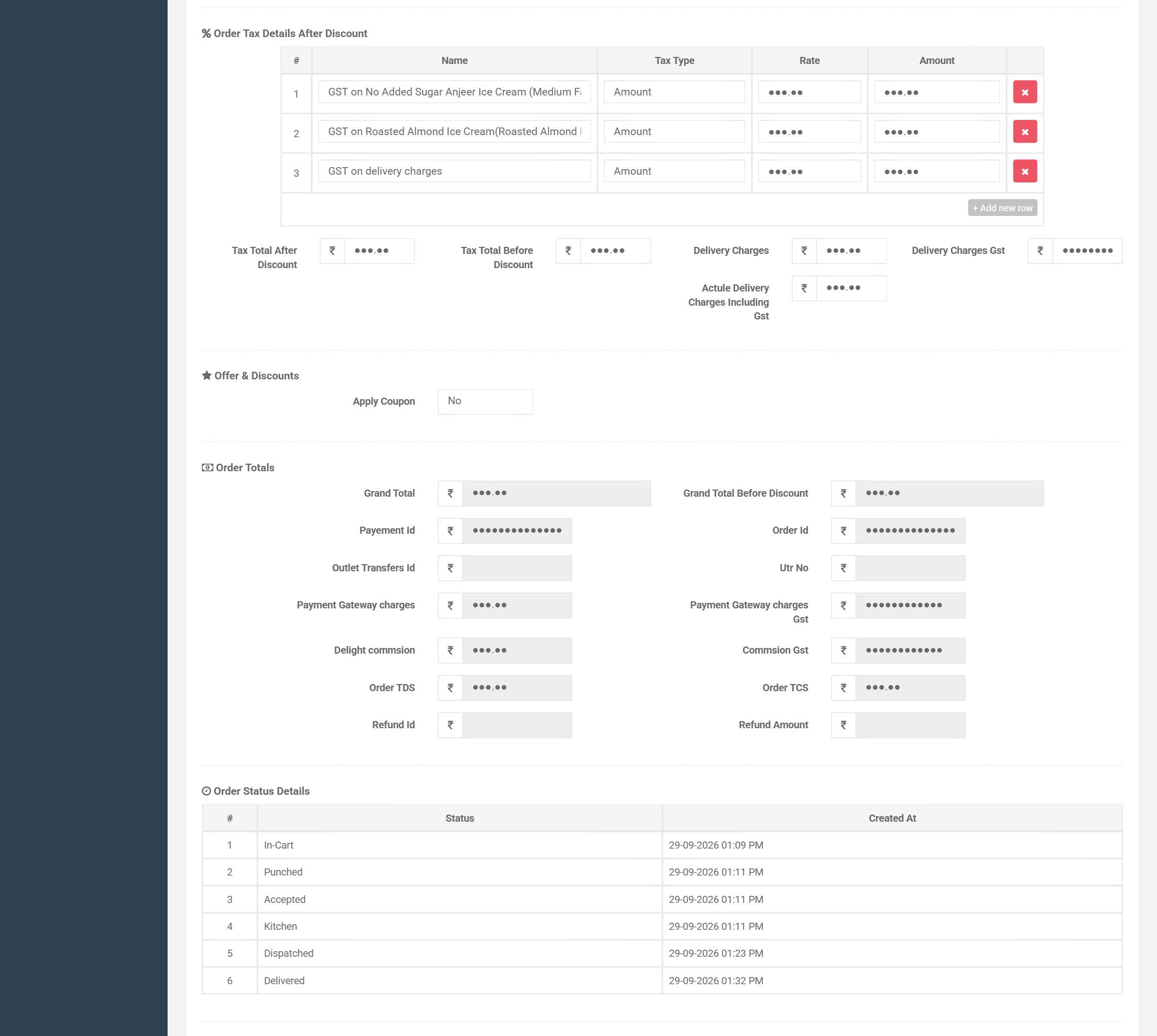 Order totals panel showing grand total before and after discount, payment reference, transfer reference, bank reference, payment gateway charges and their tax, commission and its tax, tax deducted at source, tax collected at source and refund fields, above a timestamped order status history