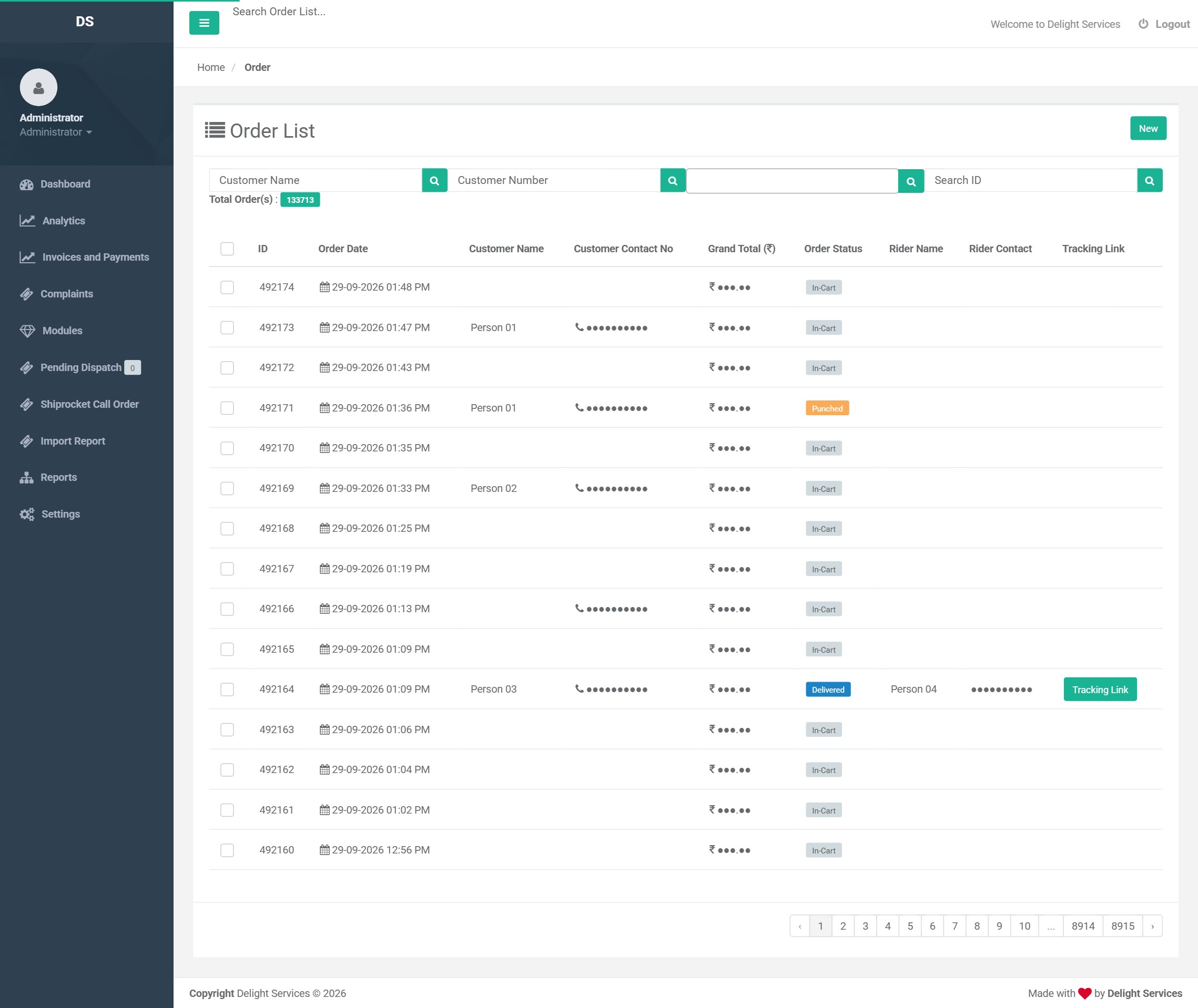 Order list showing order number, date and time, customer, order total, current order state, assigned rider and a tracking link, filterable by customer, number and state