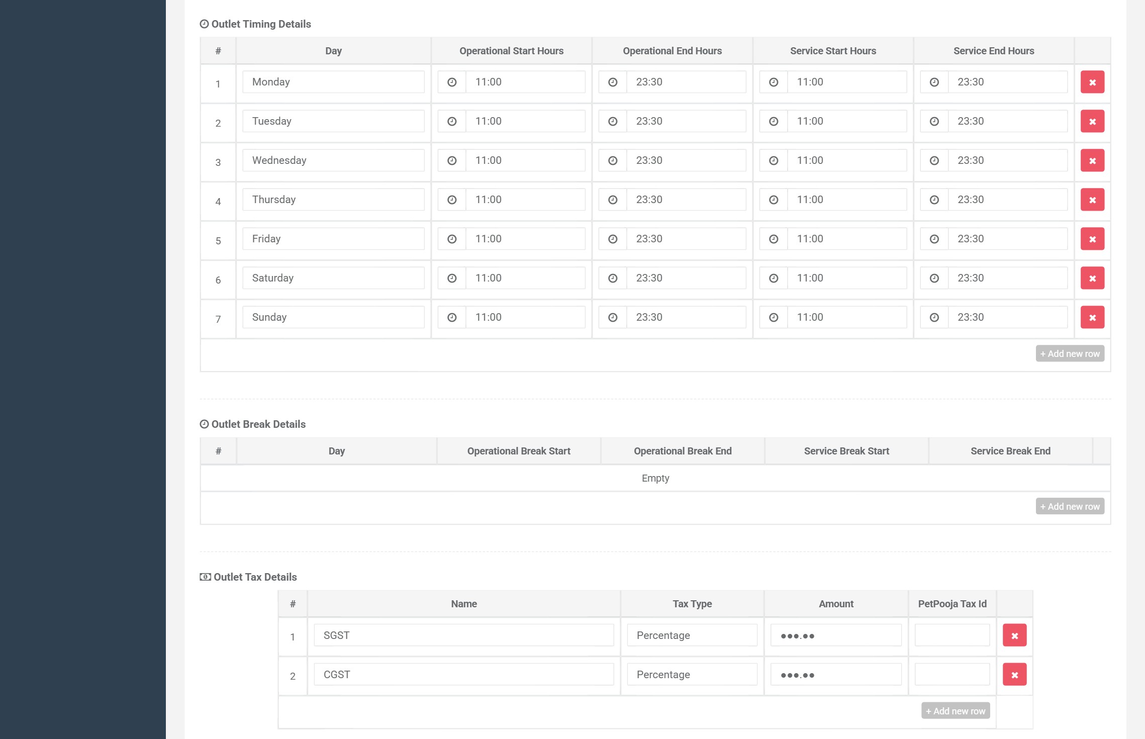 Outlet configuration showing service windows for each day of the week, an operational break table, and per-outlet tax lines with rate and a matching point of sale tax identifier