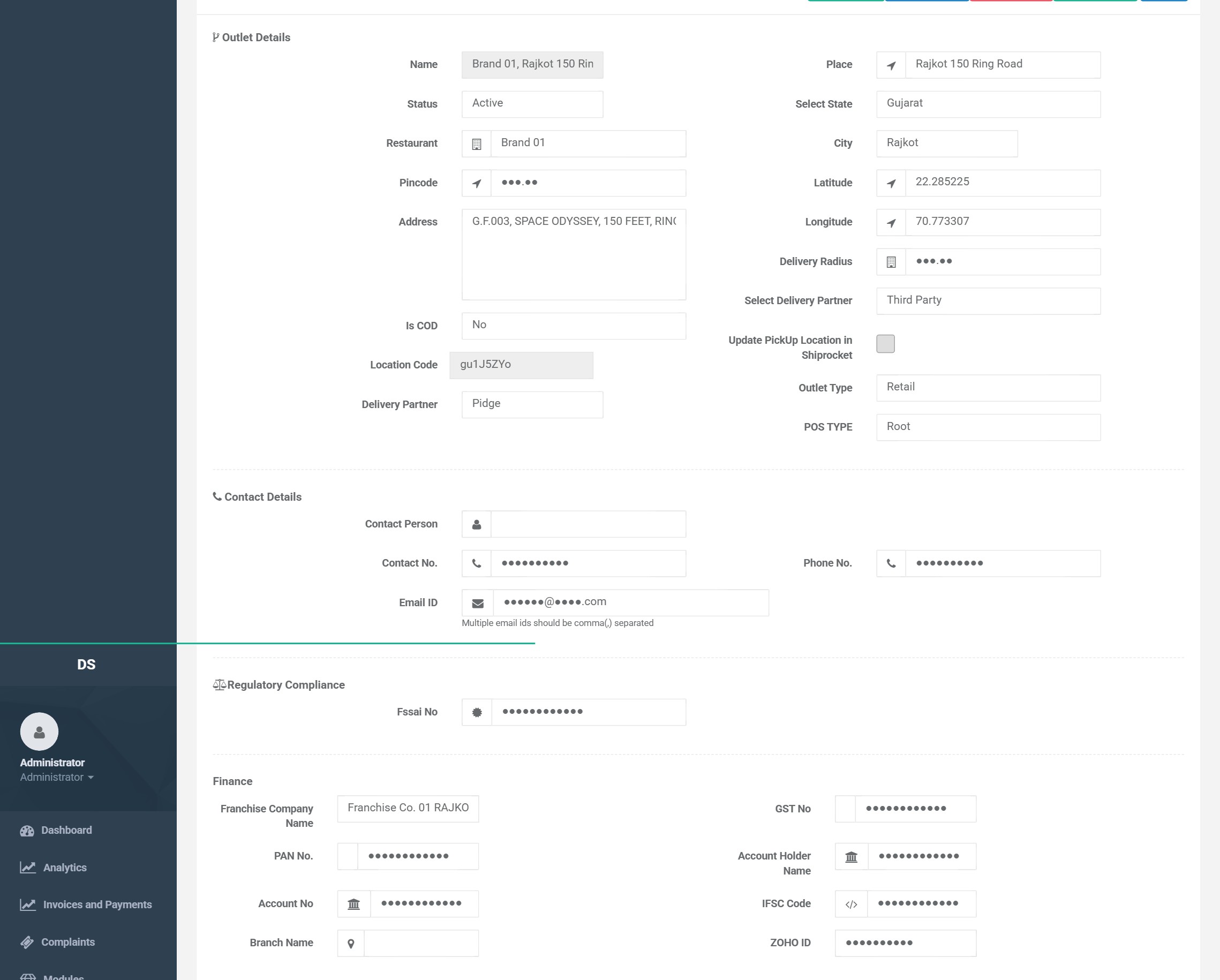 Outlet master form showing location details with latitude, longitude and delivery radius, contact details, a regulatory compliance panel holding the food safety licence number, and a finance panel holding franchise company name, tax registrations and bank details, all values masked
