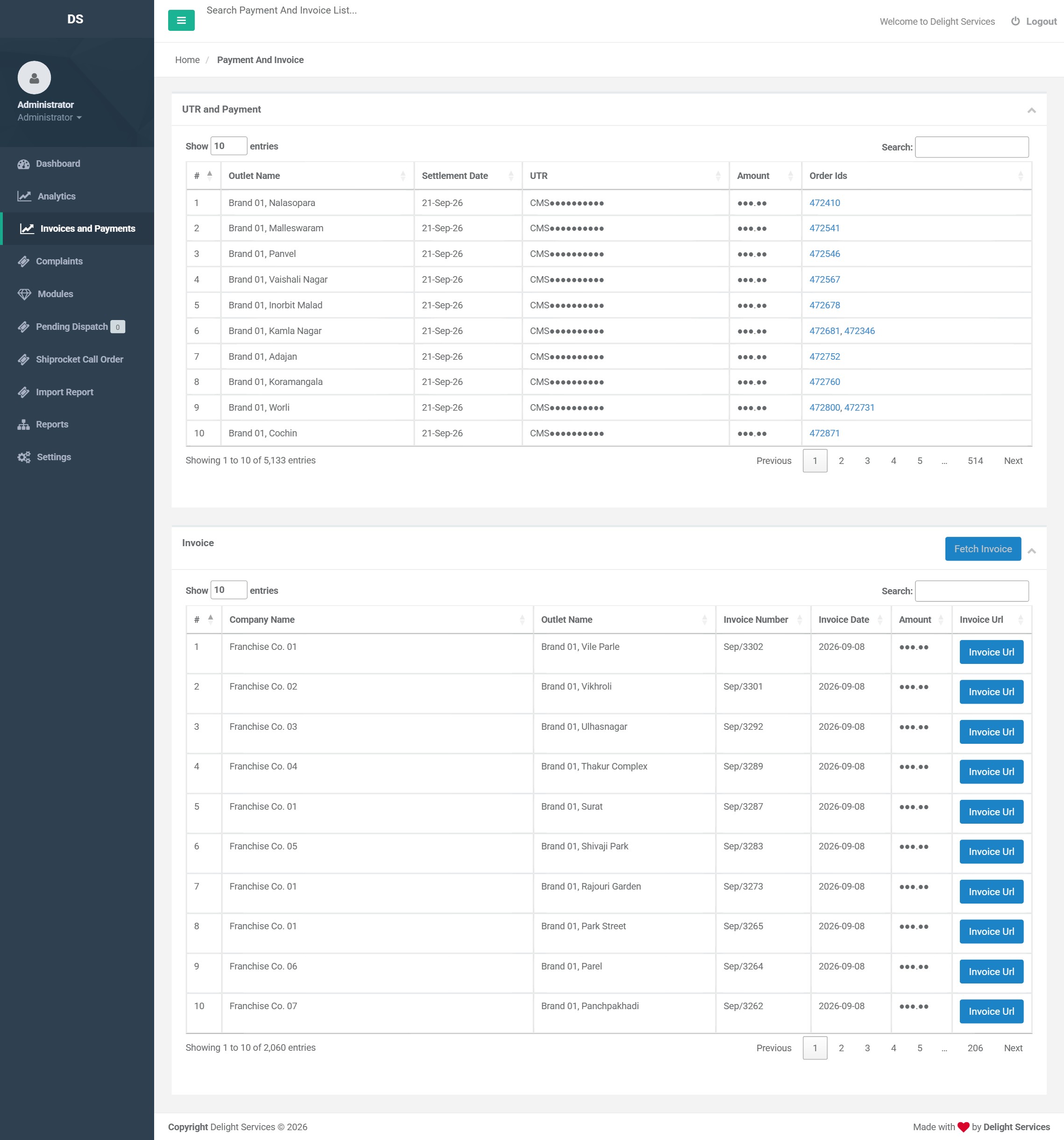 Settlement view showing payouts by outlet with settlement date, bank reference, amount and the order numbers covered, above an invoice table listing franchise company, outlet, invoice number, date, amount and a link to the invoice document