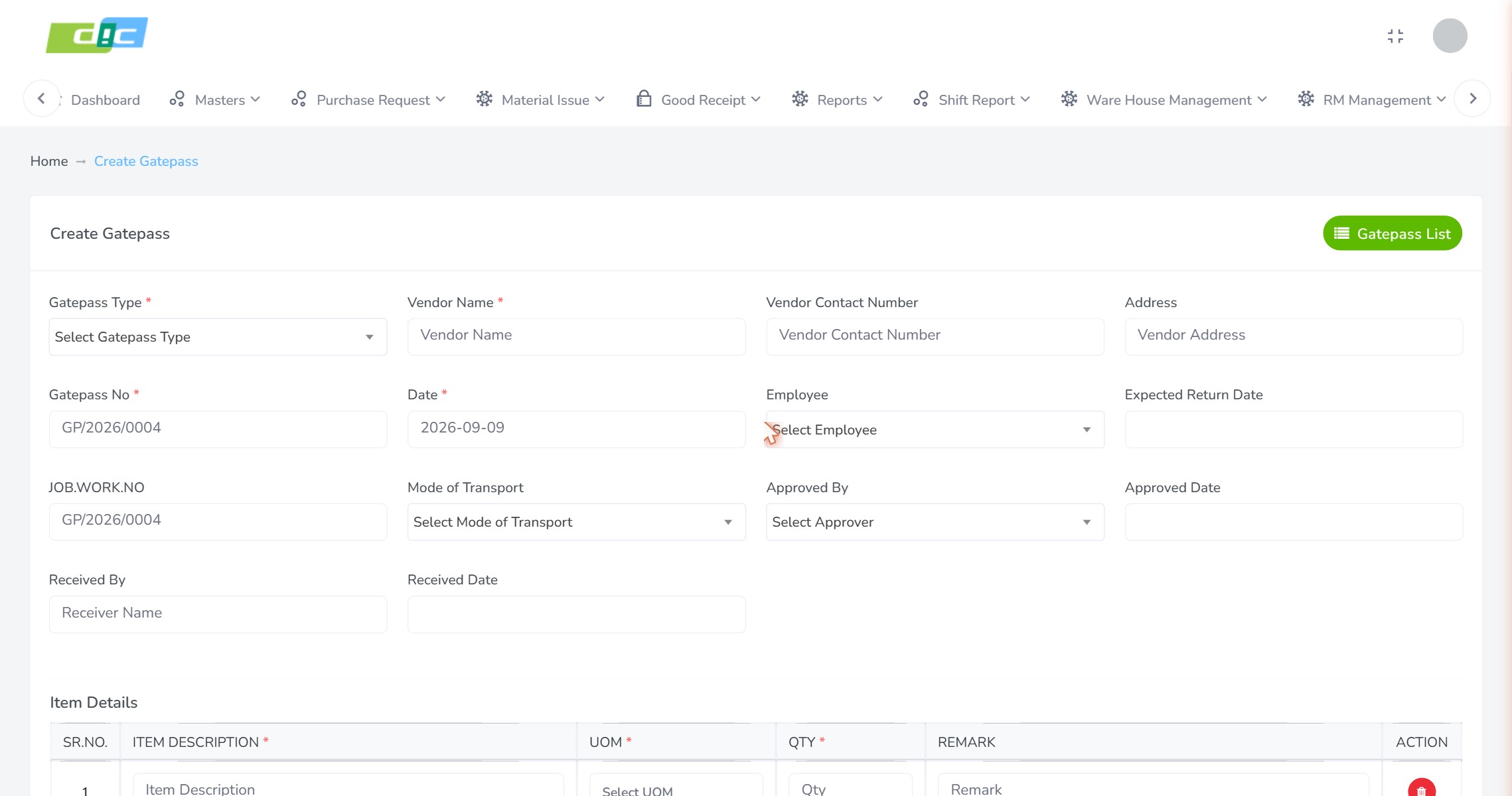 Gate pass creation form with gate pass type, vendor, gate pass number, date, expected return date, job work number, transport mode, approver and receiver, and item lines