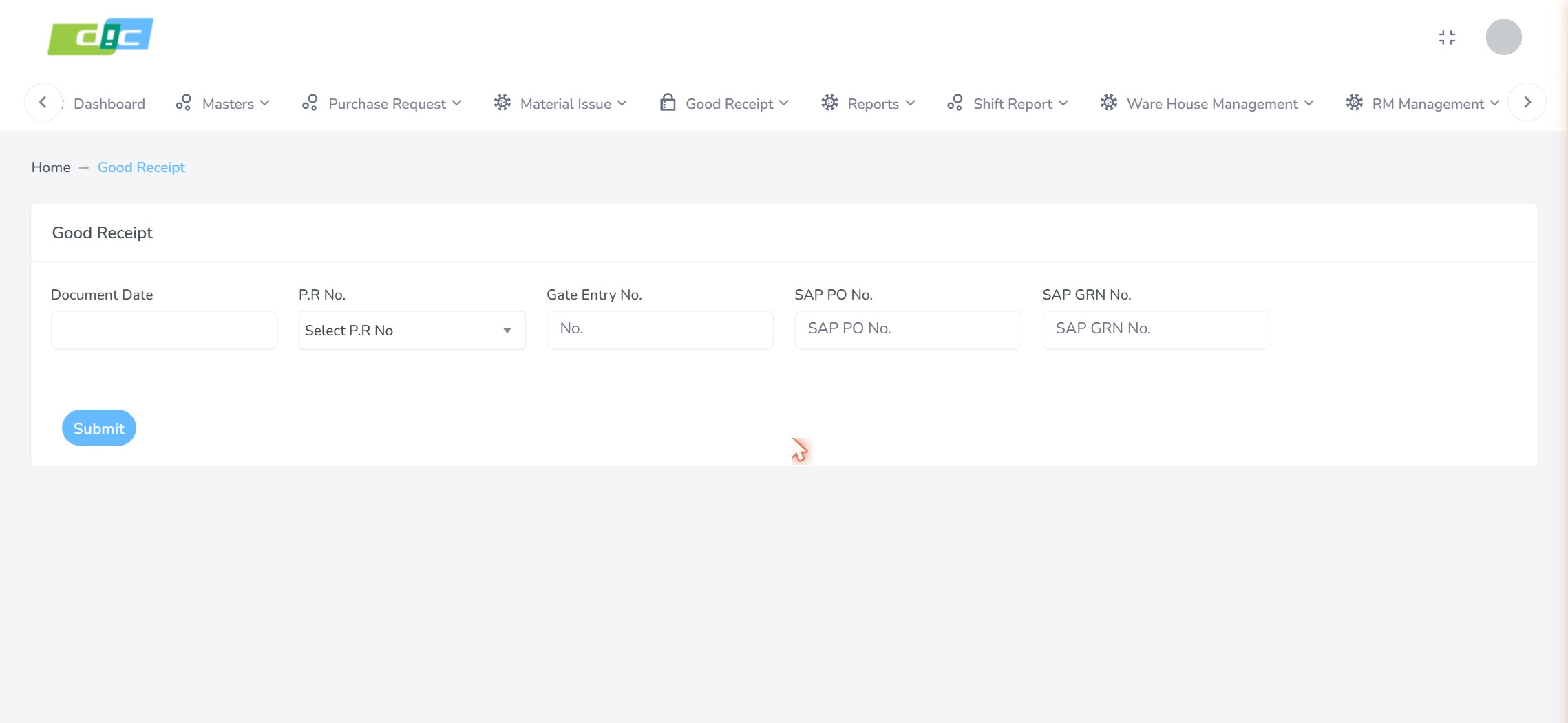 Goods receipt entry capturing document date, purchase requisition number, gate entry number and the SAP purchase order and goods receipt references