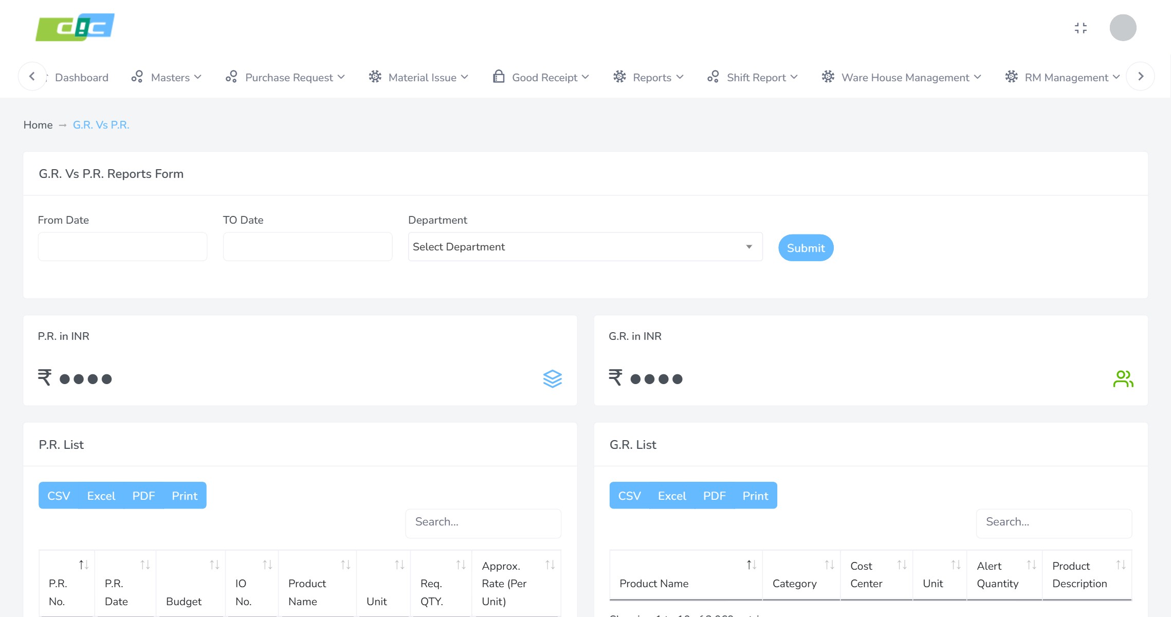 Report comparing purchase requisition number, date, budget, internal order, quantity and rate against goods receipt date, number and resulting stock
