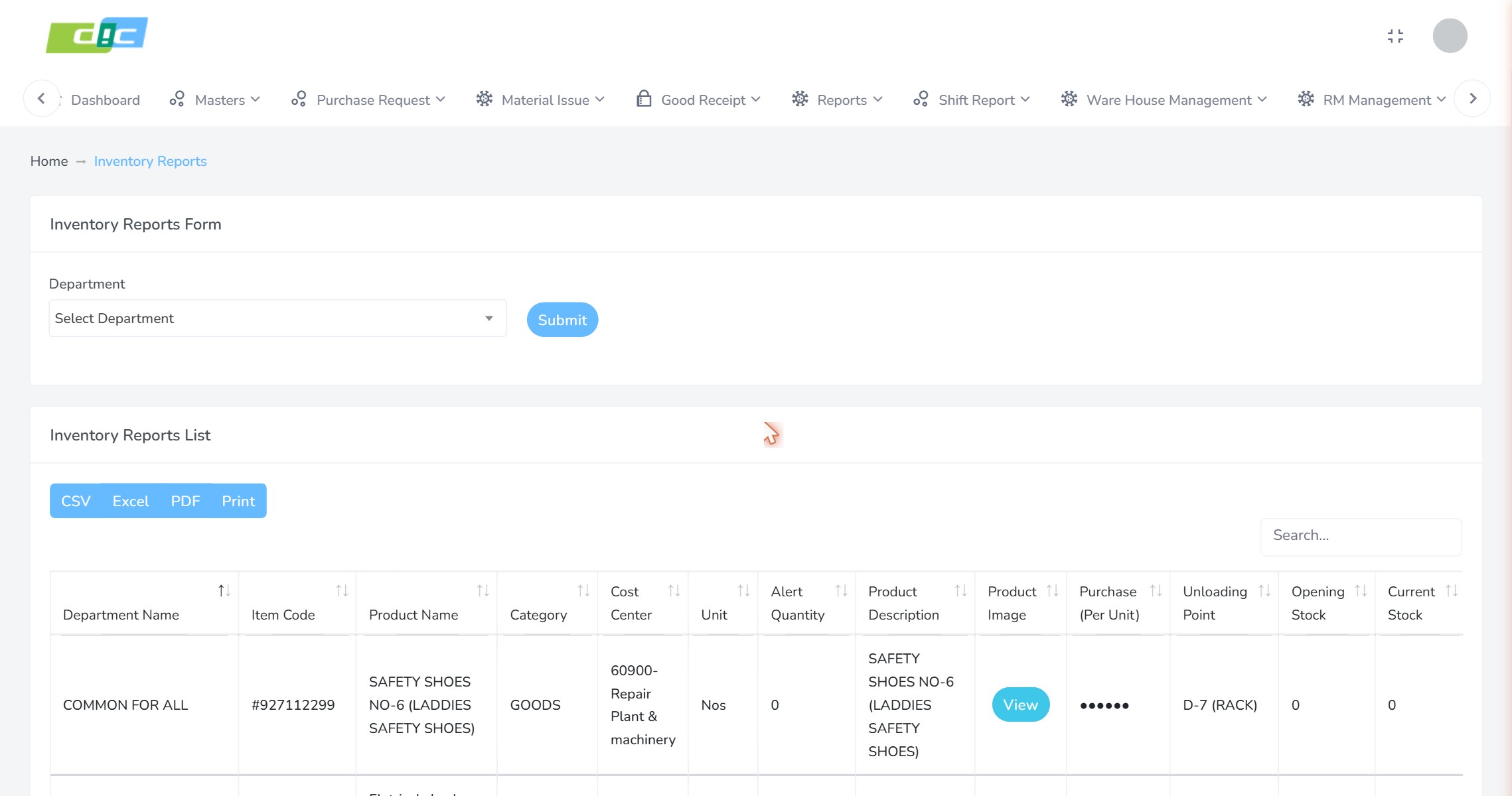Inventory report listing department, item code, product, category, cost centre, unit, alert quantity, unloading point, opening stock, current stock and total value