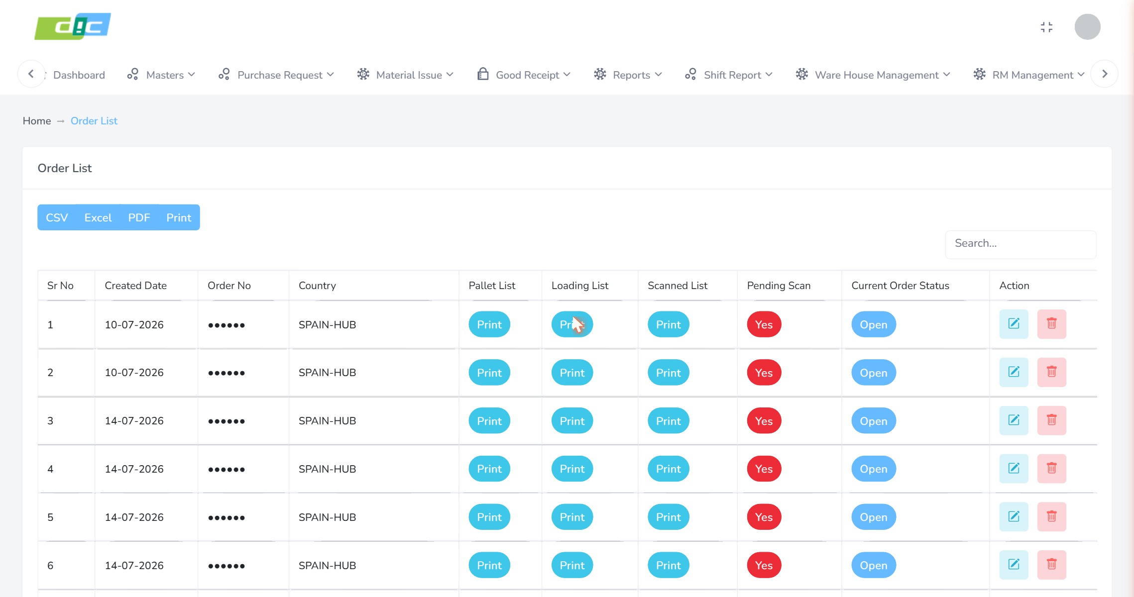 Export order list showing order number, destination country, pallet list, loading list, scanned list, pending scan count and current order status