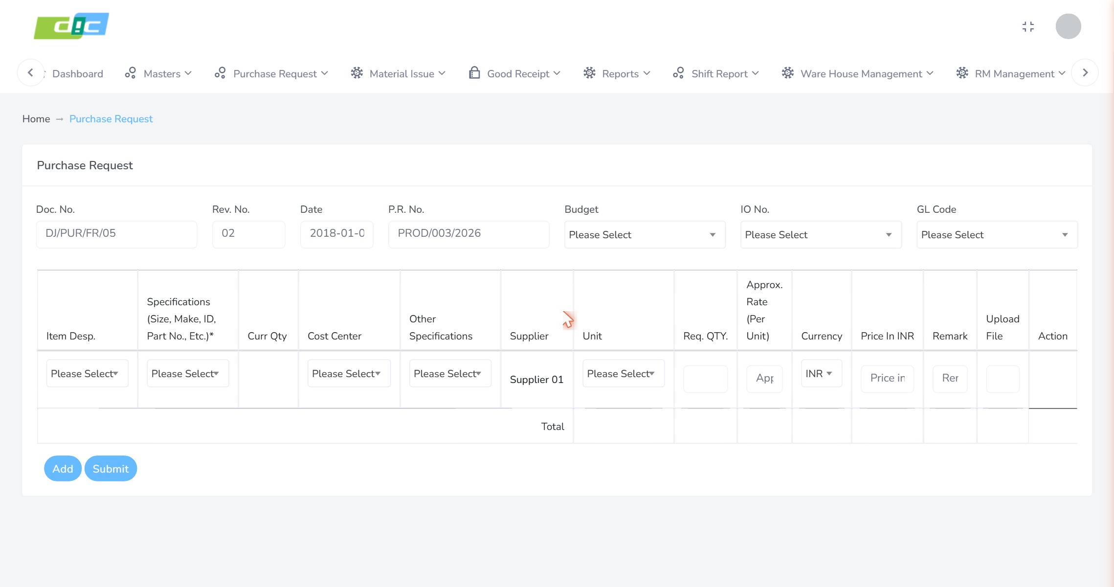 Purchase requisition form capturing document number, revision, budget classification, internal order, GL code and line items with specifications, cost centre, supplier, quantity, rate and currency