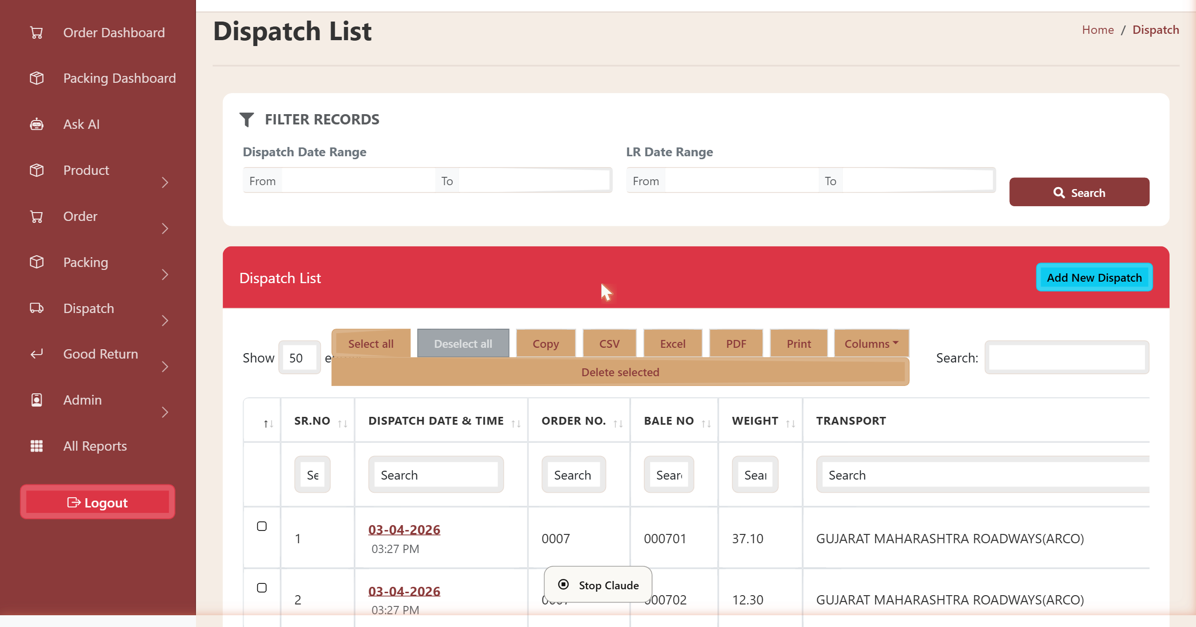 Despatch register of the textile ERP listing despatch date and time, order, bale number, weight, transporter, lorry receipt date and number with attached documents