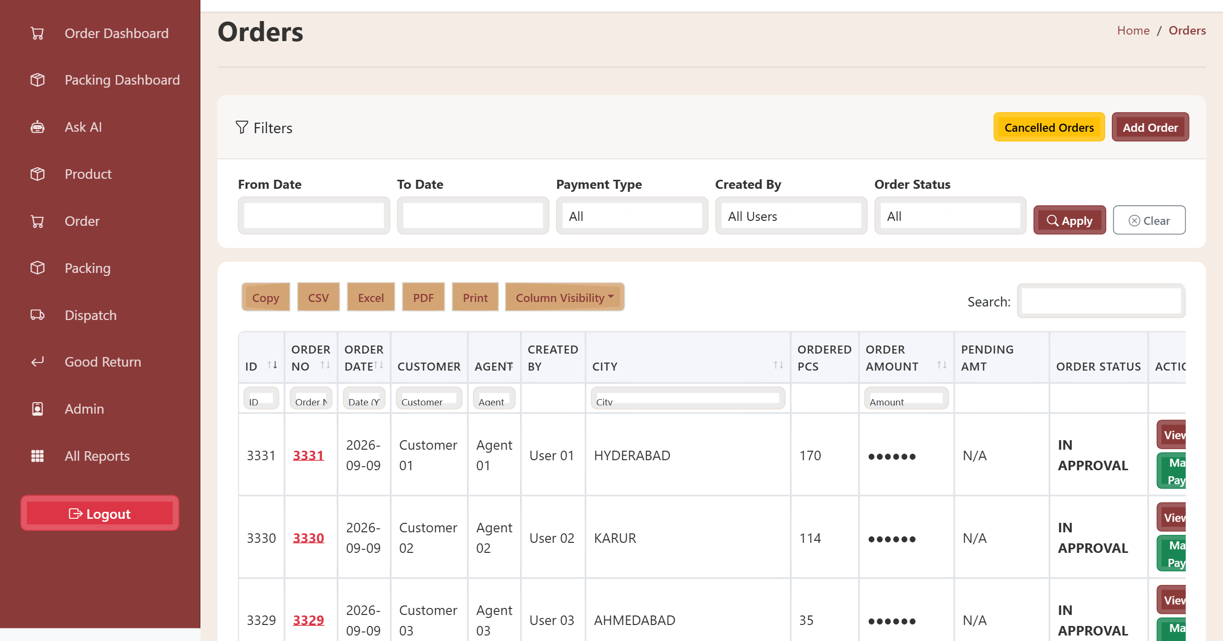 Order management screen of the textile ERP with date, payment type, user and order status filters over a searchable order register
