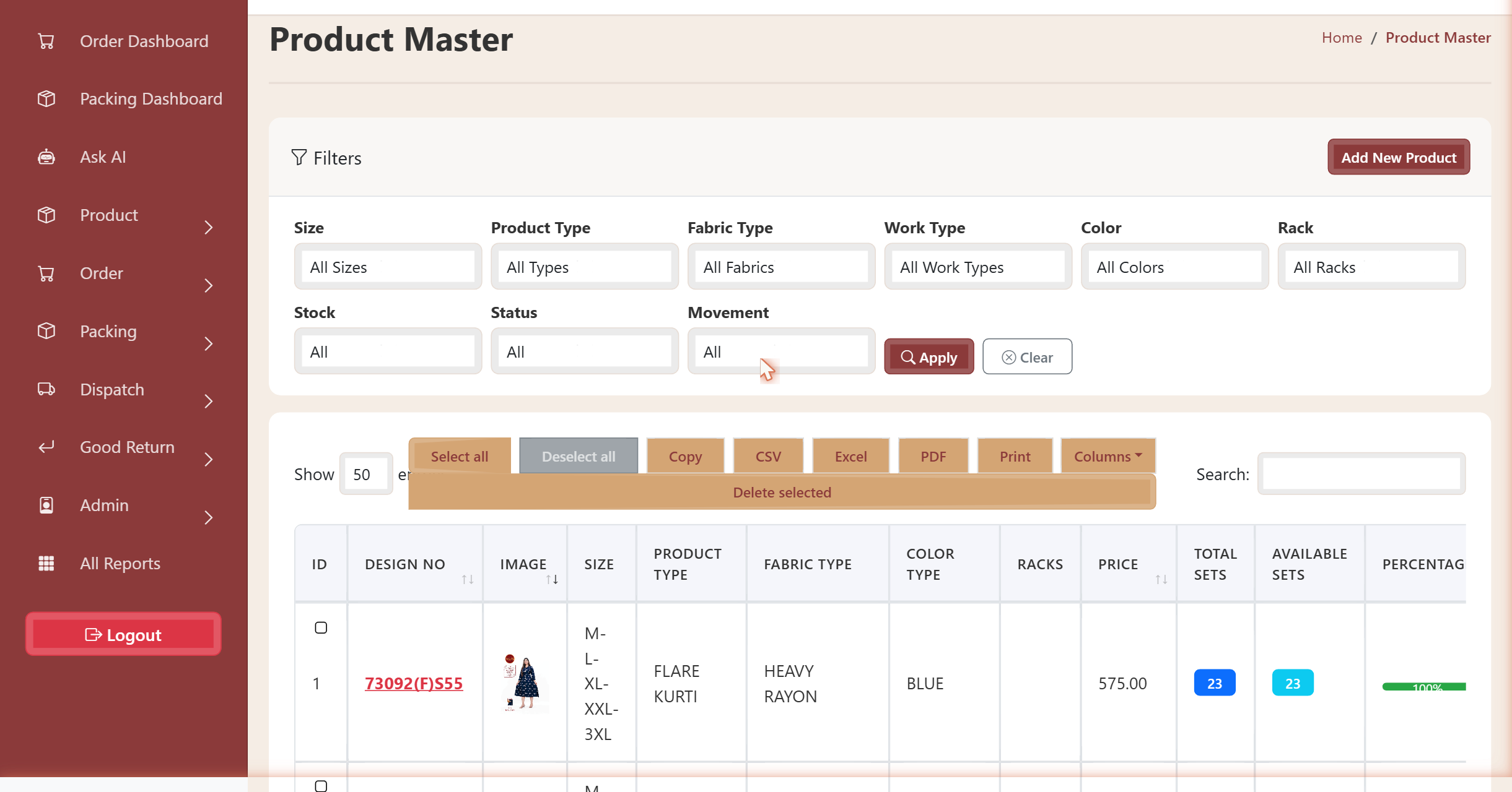 Product master of the textile ERP filtered by size, product type, fabric, work type, colour, rack, stock and movement, showing design images and available sets