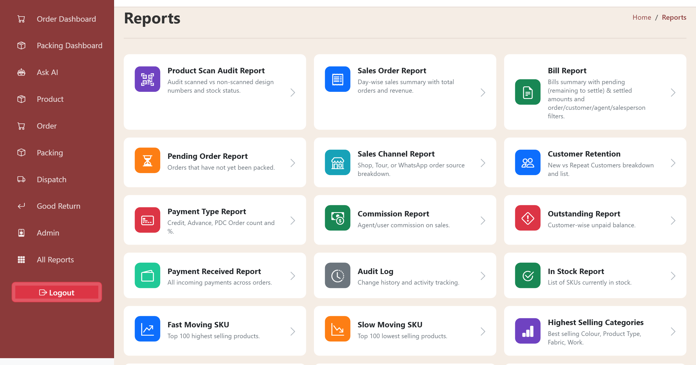 Reports index of the textile ERP listing sales, billing, inventory, customer, packing and goods return reports
