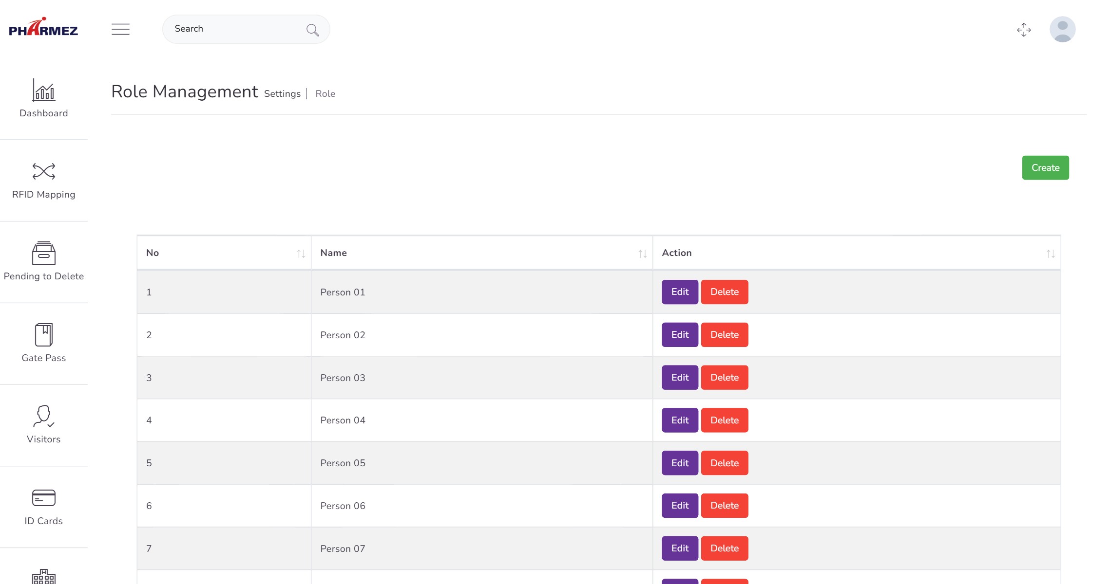 Role list showing estate administrator, customs officer, security officer, unit manager, HR, contractor, app user, medical, store and gate security roles