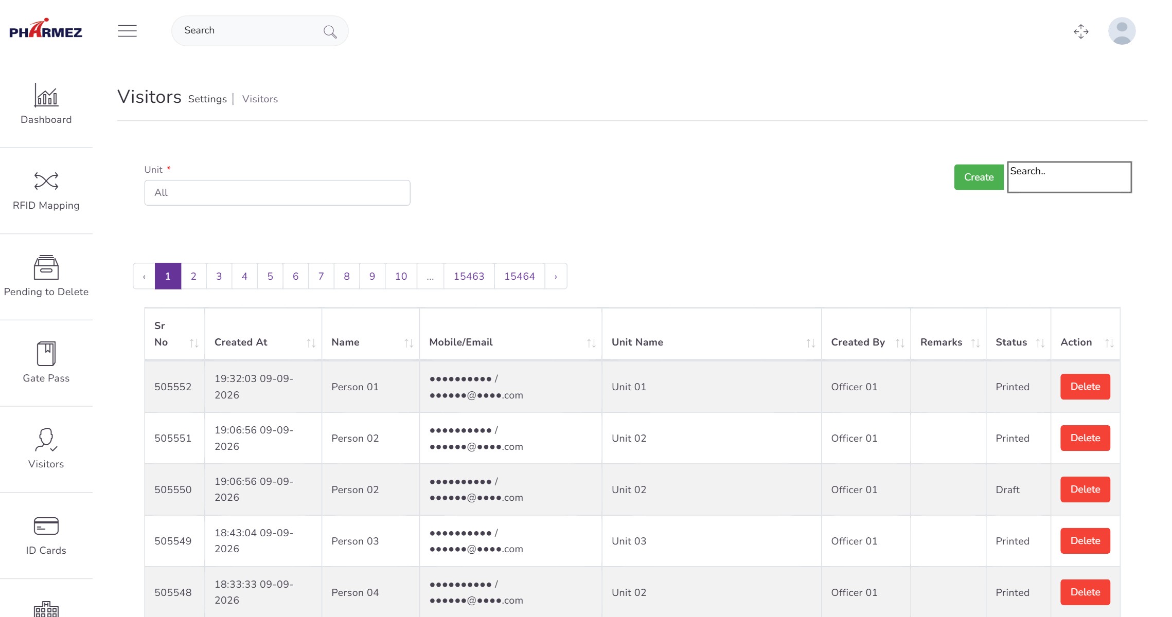 Visitor gate pass register listing creation time, visitor contact, host unit, creating user, remarks and status