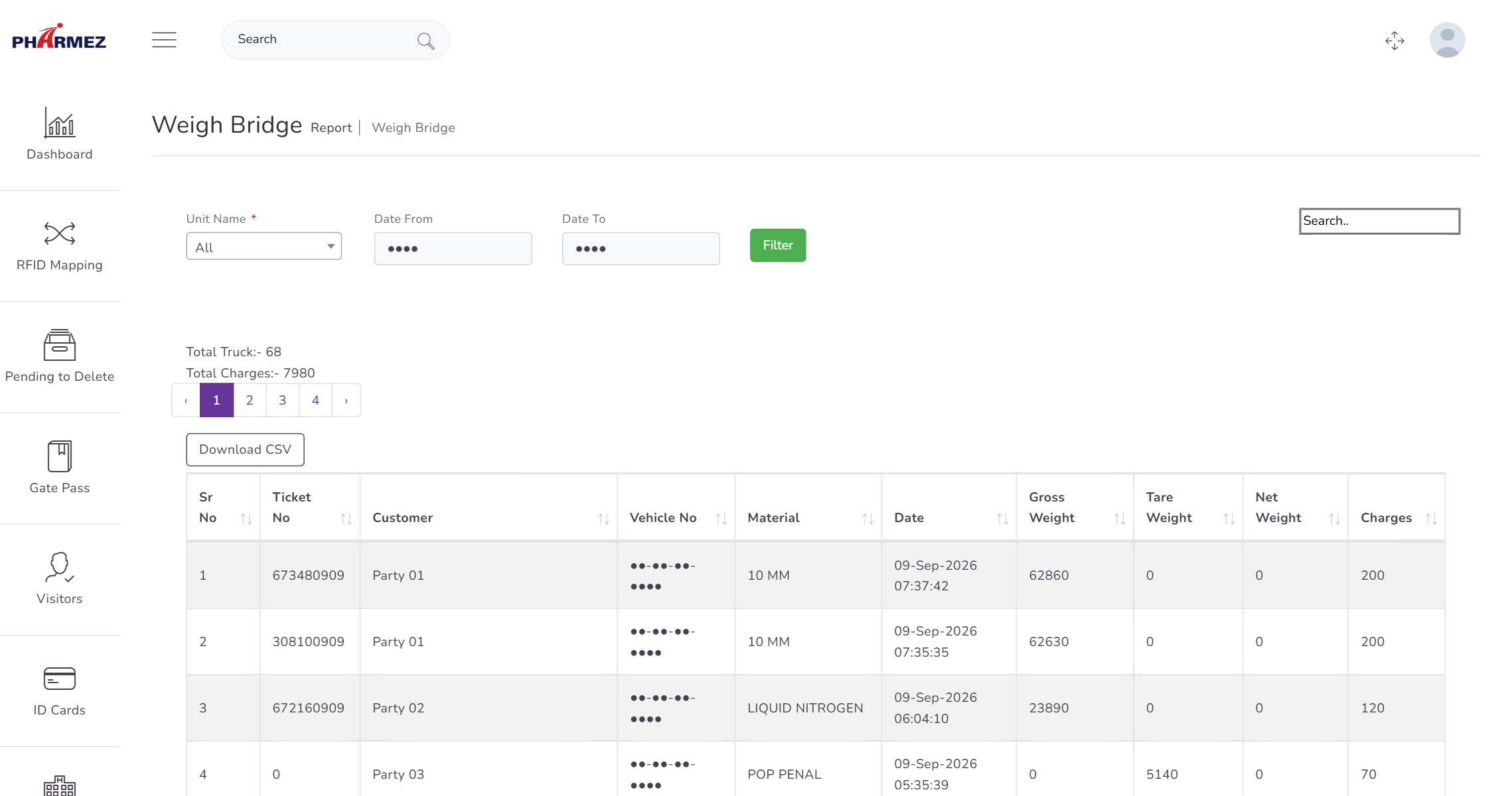 Weighbridge report listing ticket number, party, vehicle, material, date, gross weight, tare weight, net weight and charges