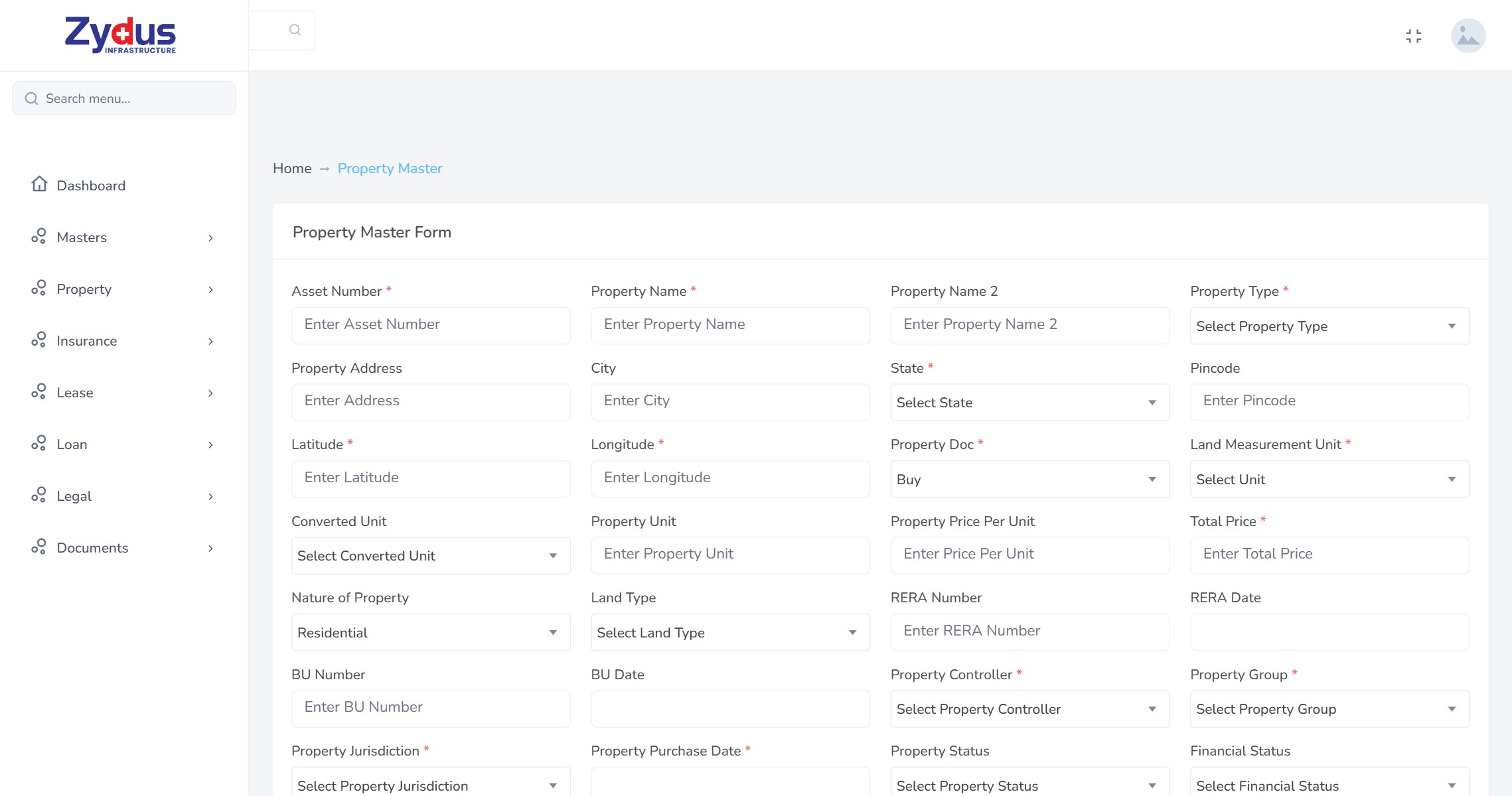 Property record form capturing asset number, names, type, address, coordinates, land measurement unit and conversion, permissions with dates, jurisdiction, group, purchase date and status fields