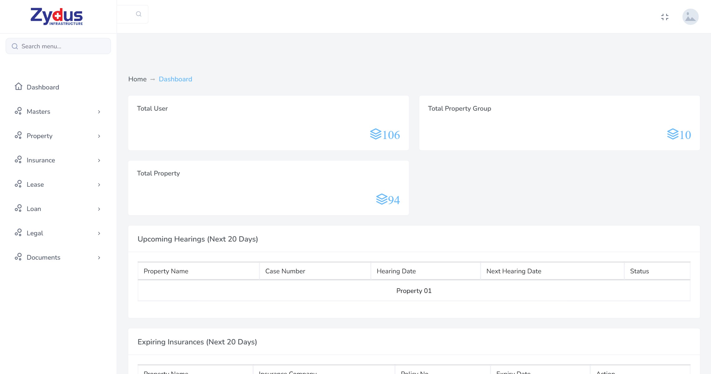 Property portfolio dashboard showing total properties and property groups with watchlists for upcoming court hearings and expiring insurance policies in the next twenty days