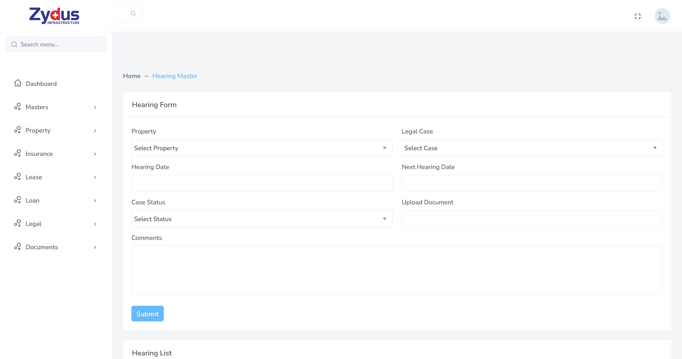 Hearing register recording property, legal case, hearing date, next hearing date, case status, uploaded document and comments