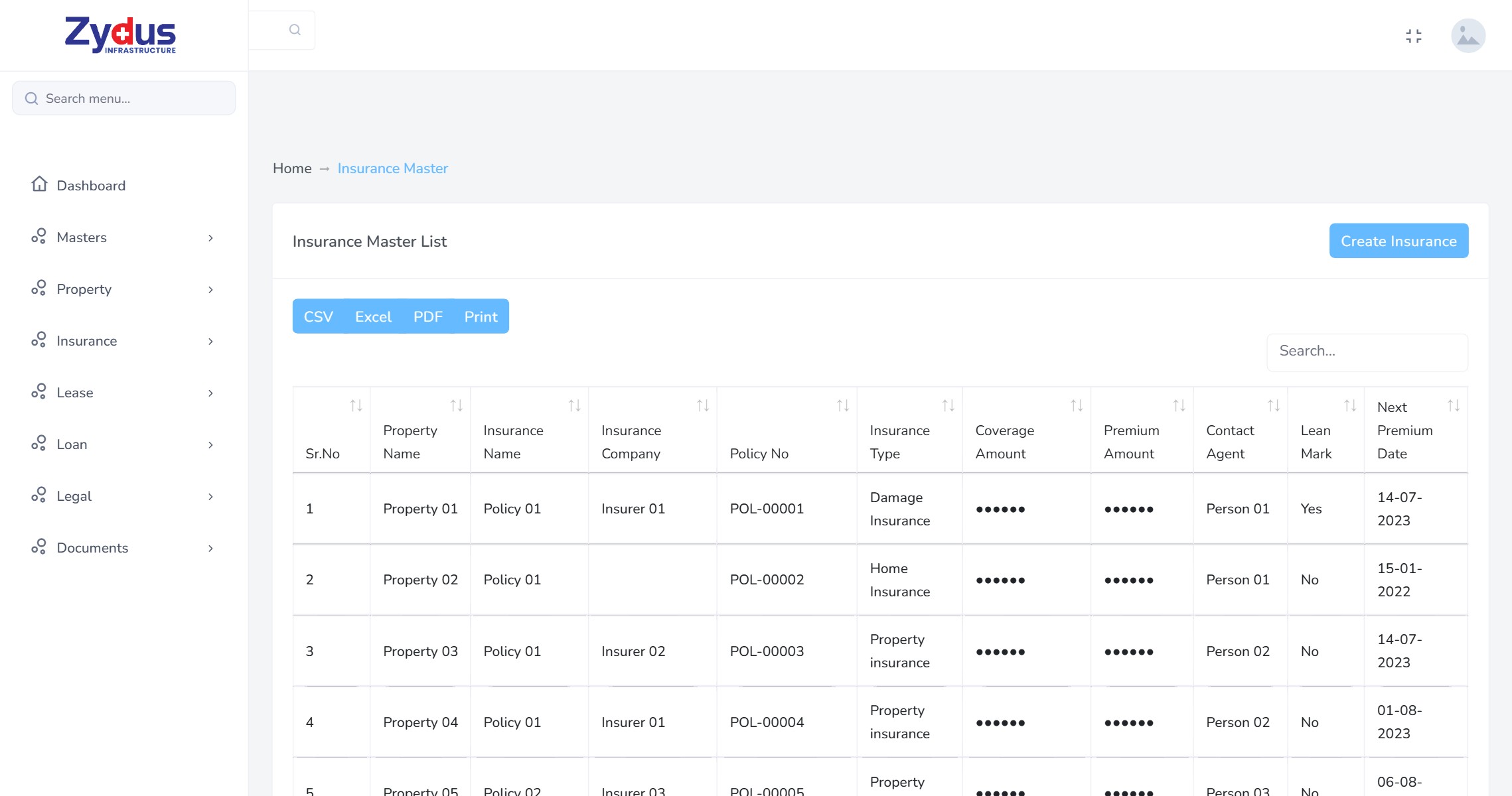 Insurance register listing property, policy name, insurer, policy number, insurance type, coverage and premium amounts, agent, security marking, next premium date and expiry date