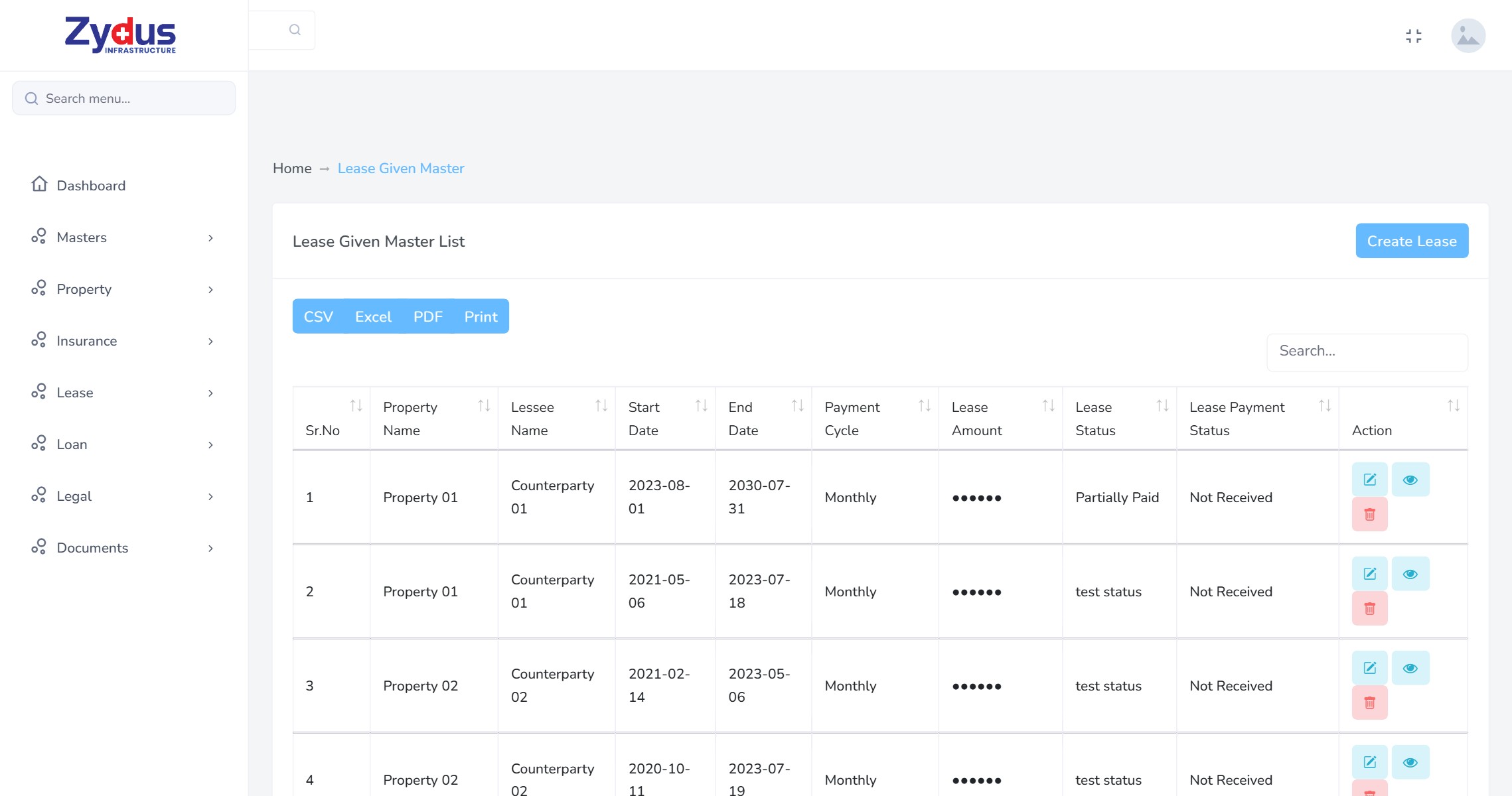 Lease register listing property, lessee, start and end dates, payment cycle, lease amount, lease status and payment status
