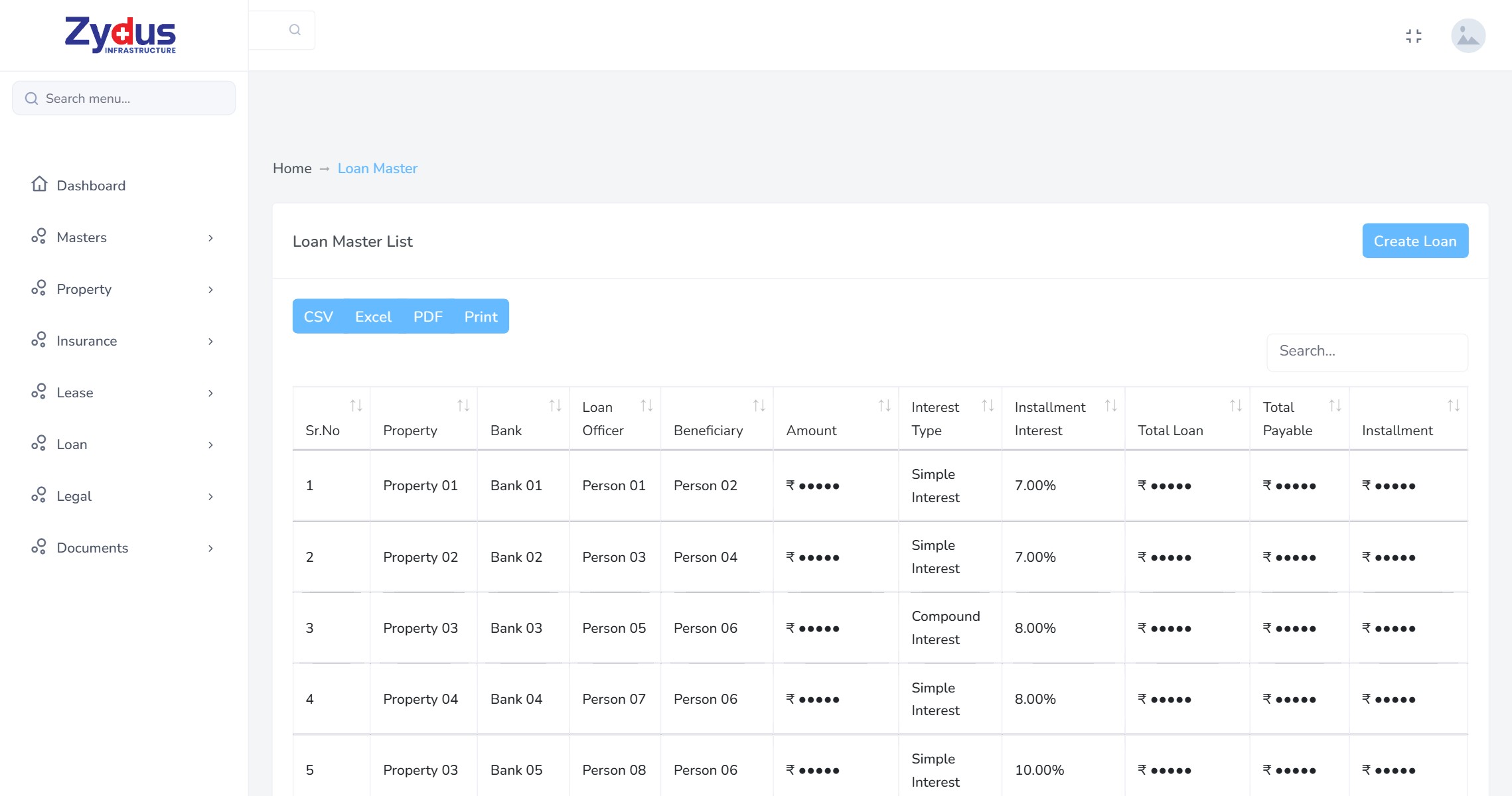 Loan register listing property, bank, loan officer, beneficiary, amount, interest type, total loan and payable, instalment, term dates, reminder day, loan type, security marking and status