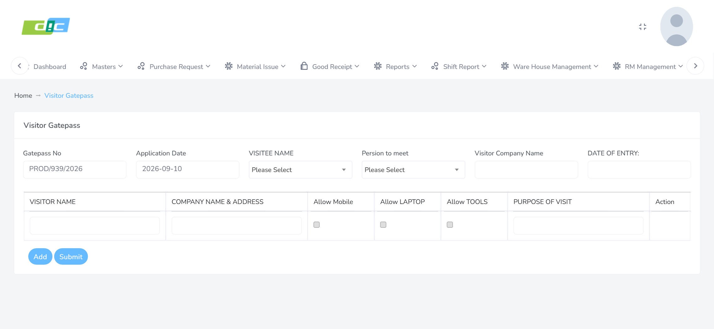 Visitor gate pass entry form with system generated pass number, application date, host, person to meet, visitor company, date of entry and visitor lines with device permission checkboxes