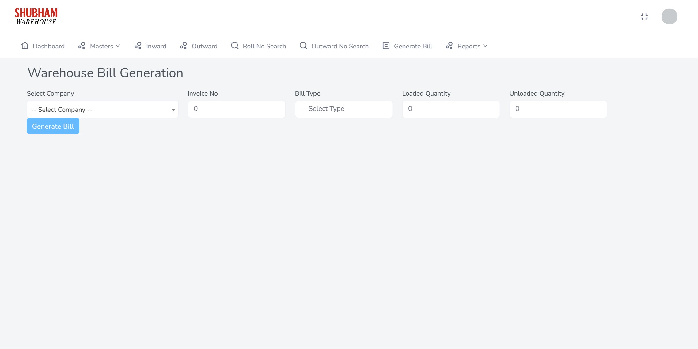 Bill generation screen selecting client, invoice number, bill type of monthly, weekly or daily, the period, and loaded and unloaded quantities