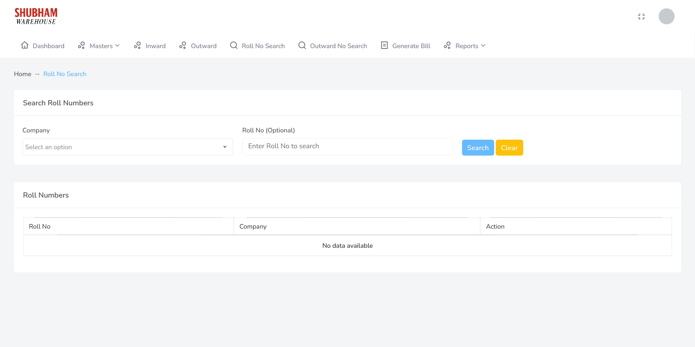 Roll number search returning client, item description, roll number, version, pieces, current pieces, quantity, package type, warehouse and location