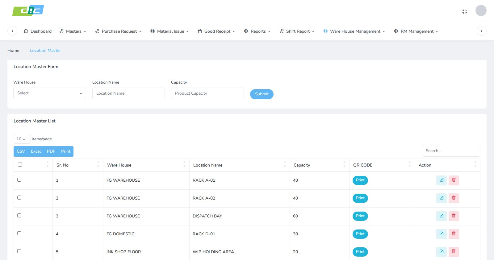 Location master form with warehouse, location name and capacity, above a list of locations with capacity, a QR code print button per row and bulk selection checkboxes