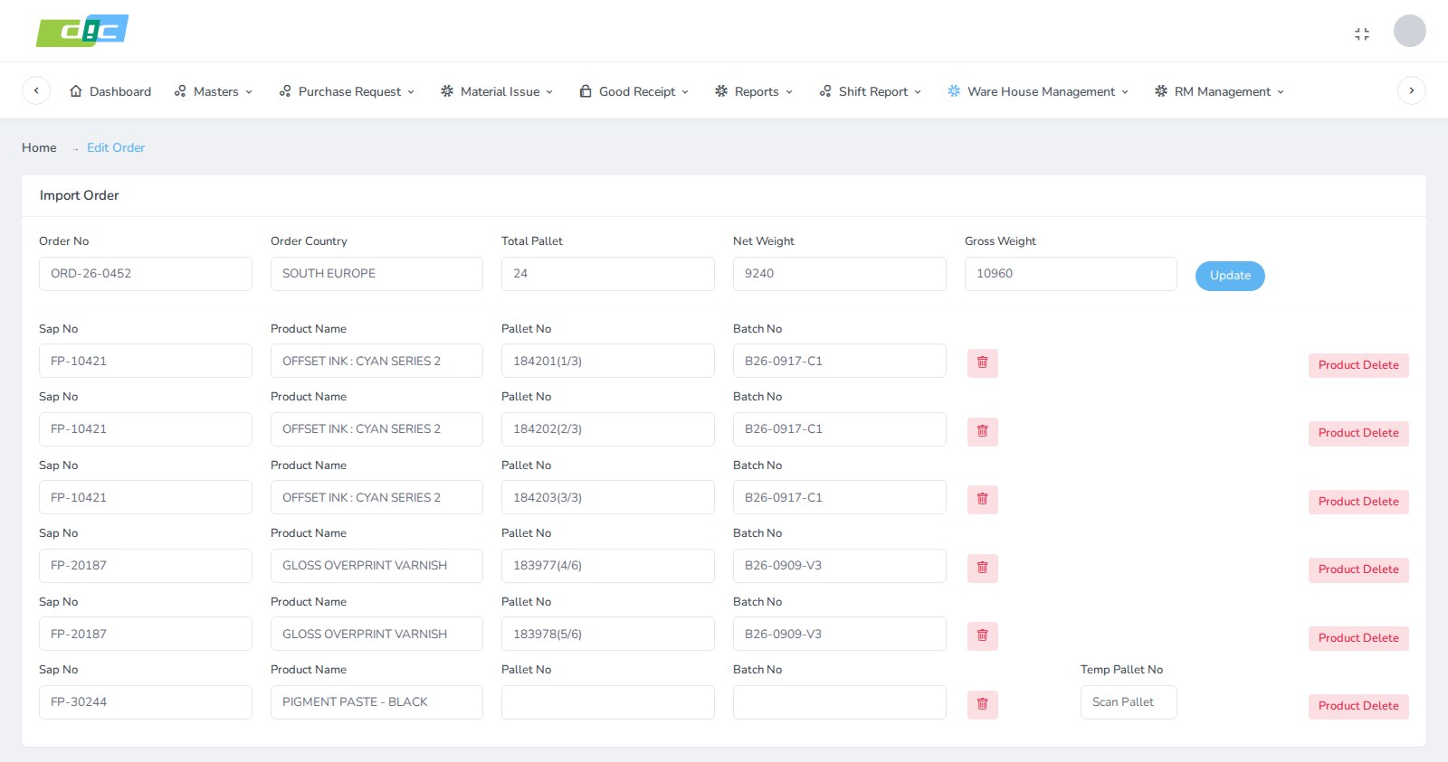 Edit order screen with order number, country, total pallets, net and gross weight, and order lines pairing SAP number and product name with an allocated pallet number and batch, plus a temporary pallet number field on an unallocated line