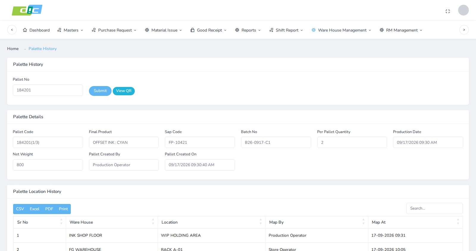 Palette history search by pallet number showing pallet details including code, product, SAP code, batch, quantity, production date, net weight, created by and created on, above a palette location history table