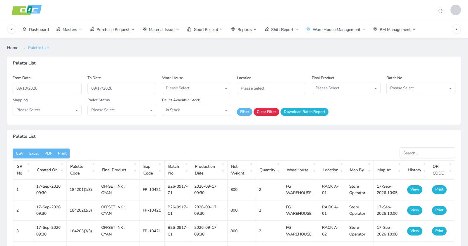 Palette location list filtered by date, warehouse, location, product, batch, mapping status, pallet status and available stock, listing each pallet with its warehouse, location and who mapped it