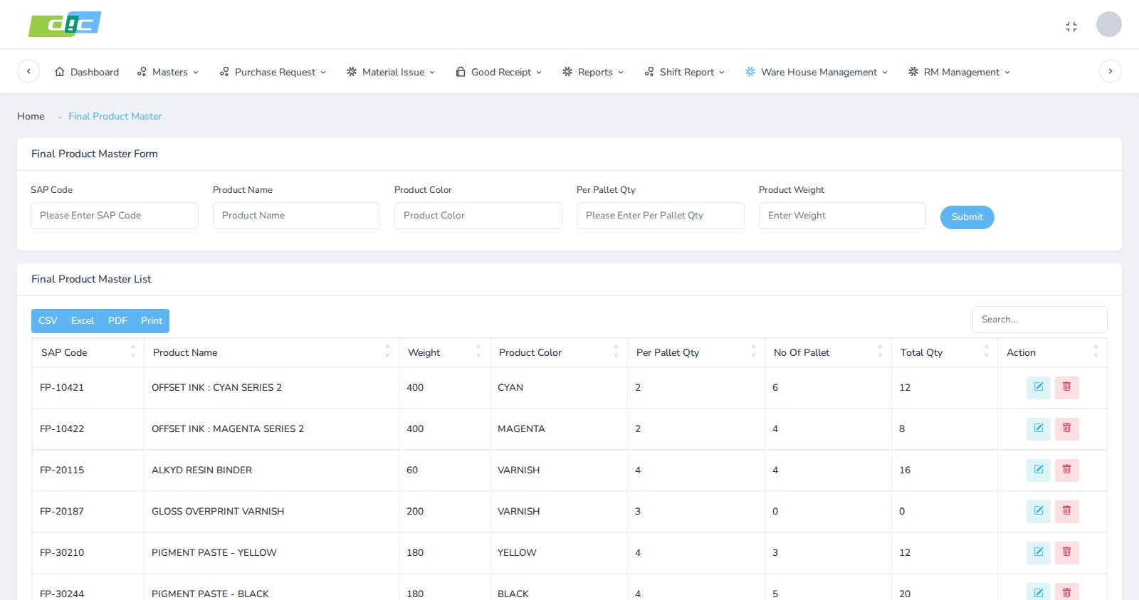Final product master form with SAP code, product name, product colour, per pallet quantity and product weight, above a list showing weight, colour, per pallet quantity, number of pallets and total quantity for each product